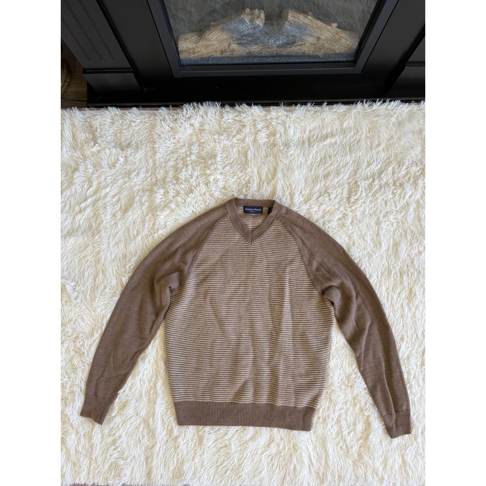 Austin Reed London Mens V Neck Sweater Brown‎ Striped Merino Wool Knit